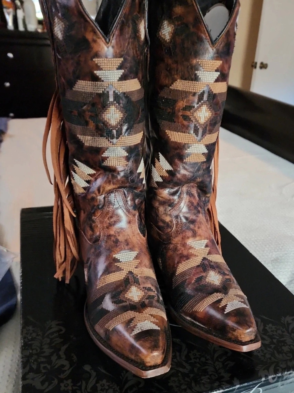 Dan Post Brown Distressed Leather Heeled Fringe Cowboy Boots